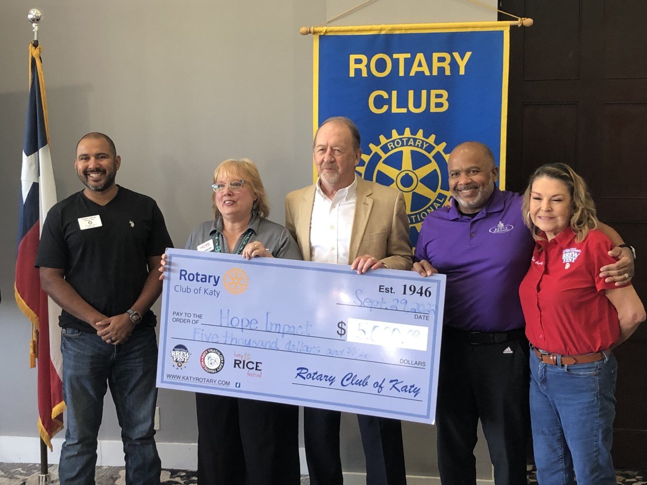 The Rotary Club of Katy made a donation to Hope Impacts, a local nonprofit focused on serving the homeless. Pictured from left to right are Chris Garcia, Tina Hatcher, Mitchell Tillman, Ralph Brock and Dee Dee Gonzalez.